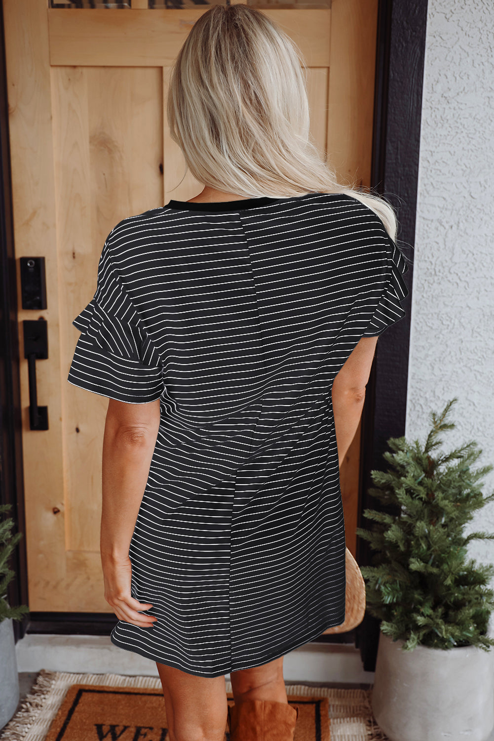 Stripe Ruffle Sleeve Crewneck T-Shirt Mini Dress