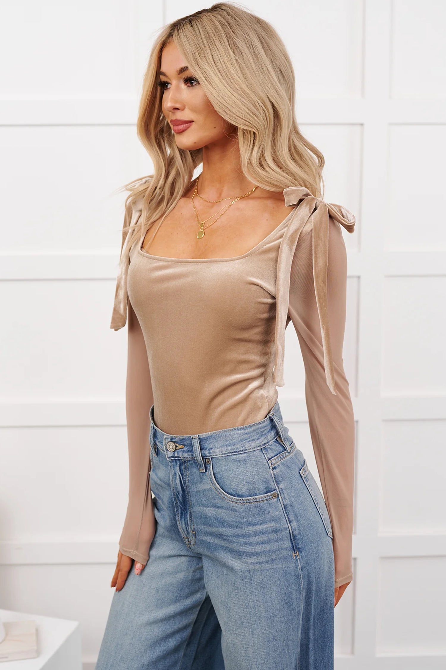 Solid Velvet Knot Square Neck Long Sleeve Bodysuit