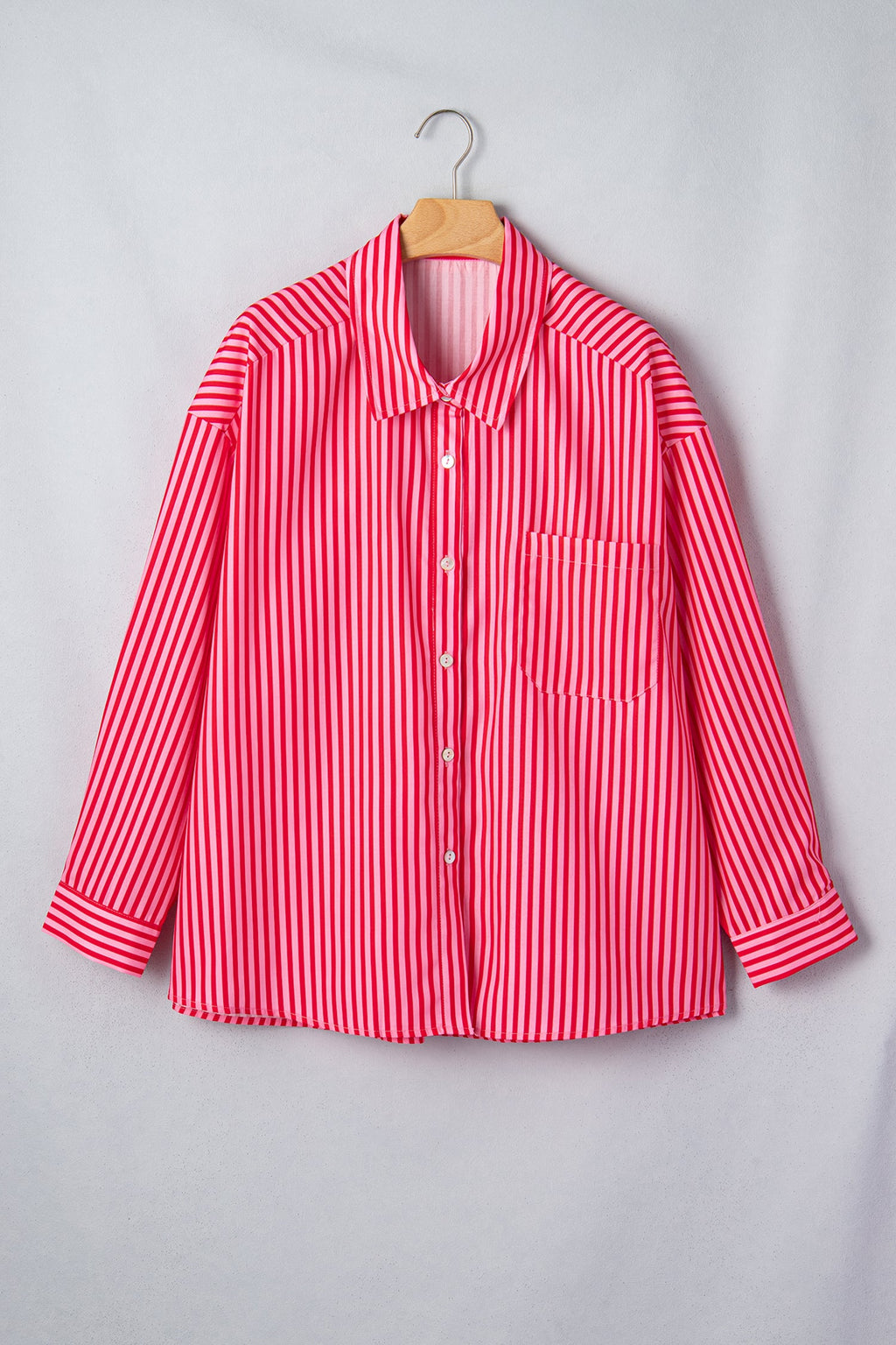 Stripe Patch Pocket Button-Up Long Sleeve Blouse