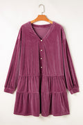 Plus Size Textured Velvet Buttoned Tiered Dress