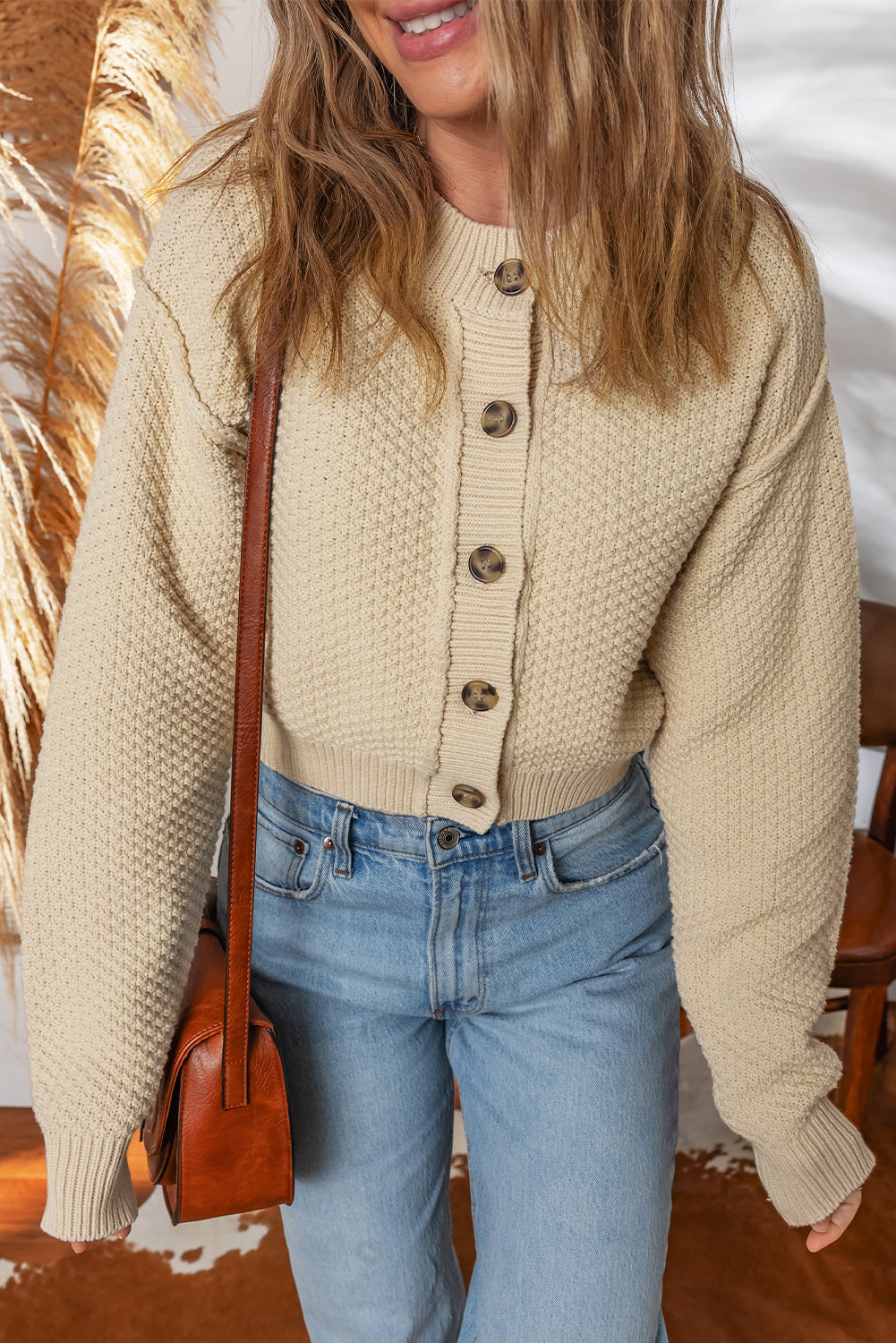 Solid Button-Up Cropped Cardigan Sweater
