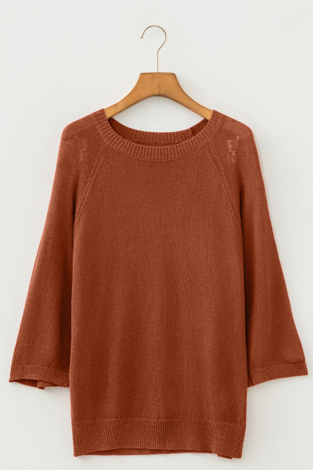Ribbed Knit Round Neck 3/4 Sleeve Sweater