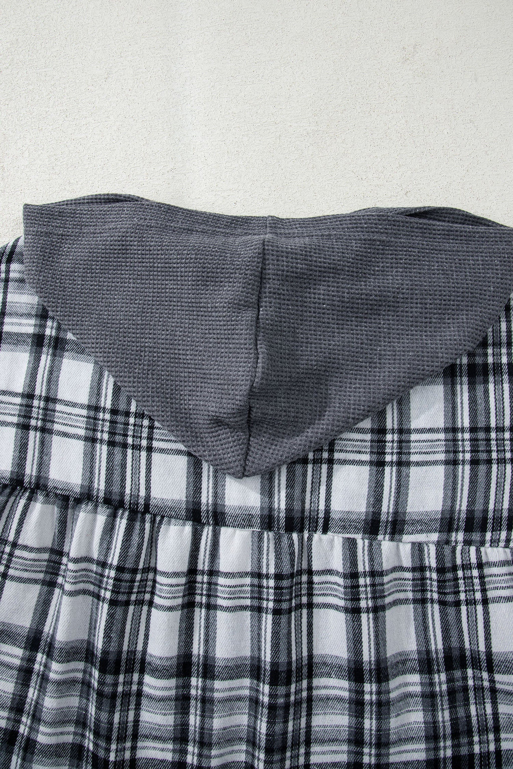 Plaid Quarter-Button Patchwork Long Sleeve Hooded Blouse