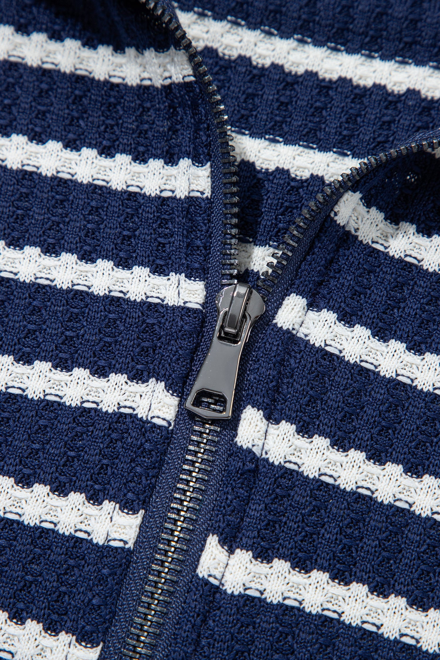 Stripe Half Zip Collared Long Sleeve Textured Knit Top