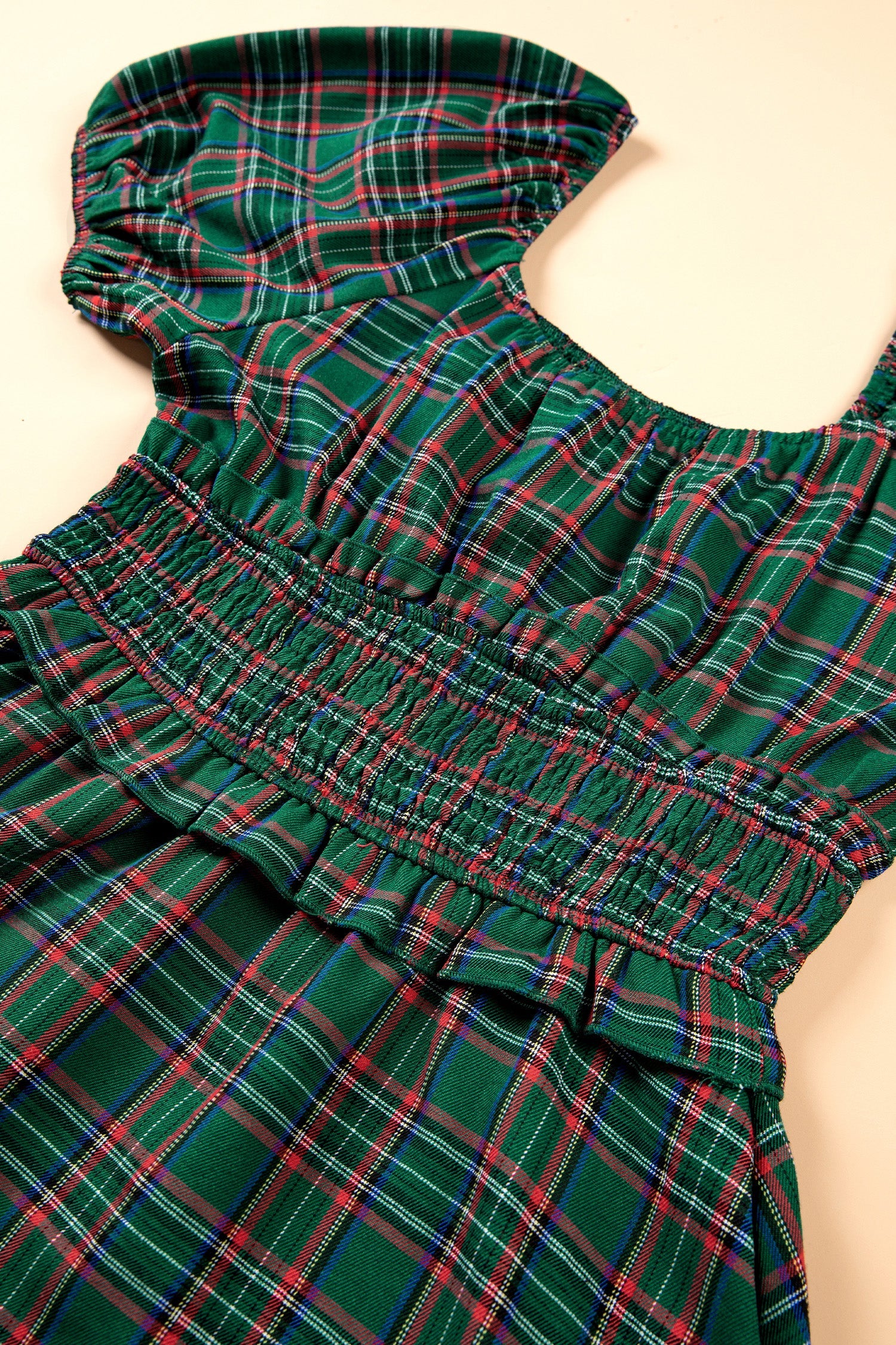 Plaid Shirred Scoop Neck Short Sleeve Mini Dress