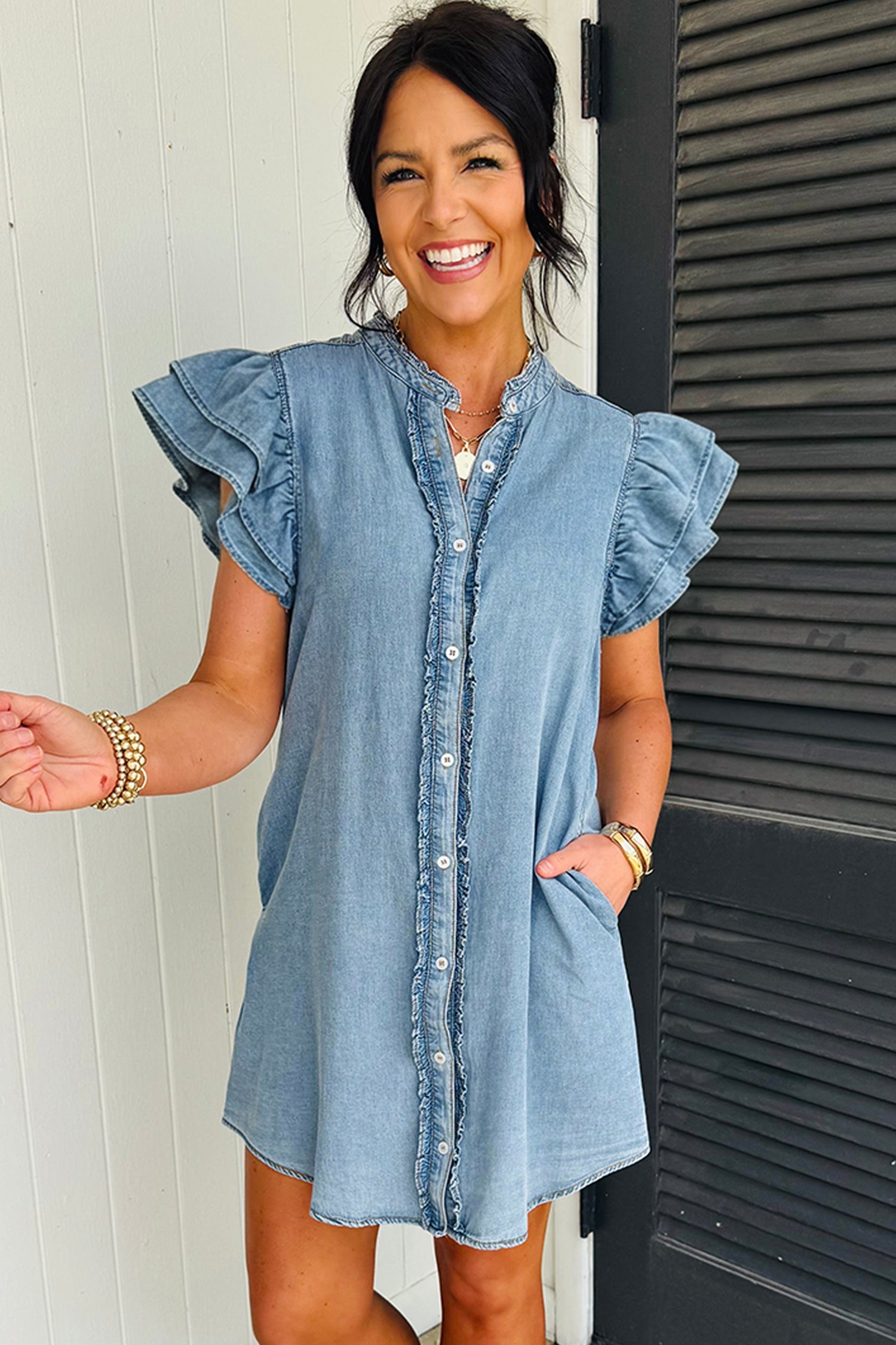 Solid Denim Frilled Ruffle Sleeve Buttoned Mini Dress