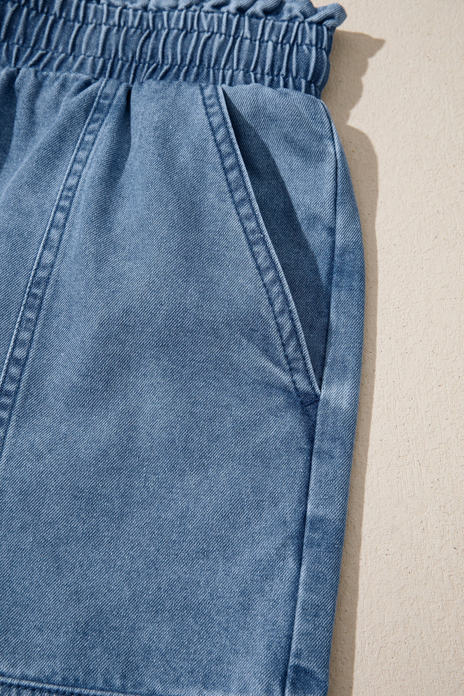 Solid Denim Smocked Elastic Waist Shorts