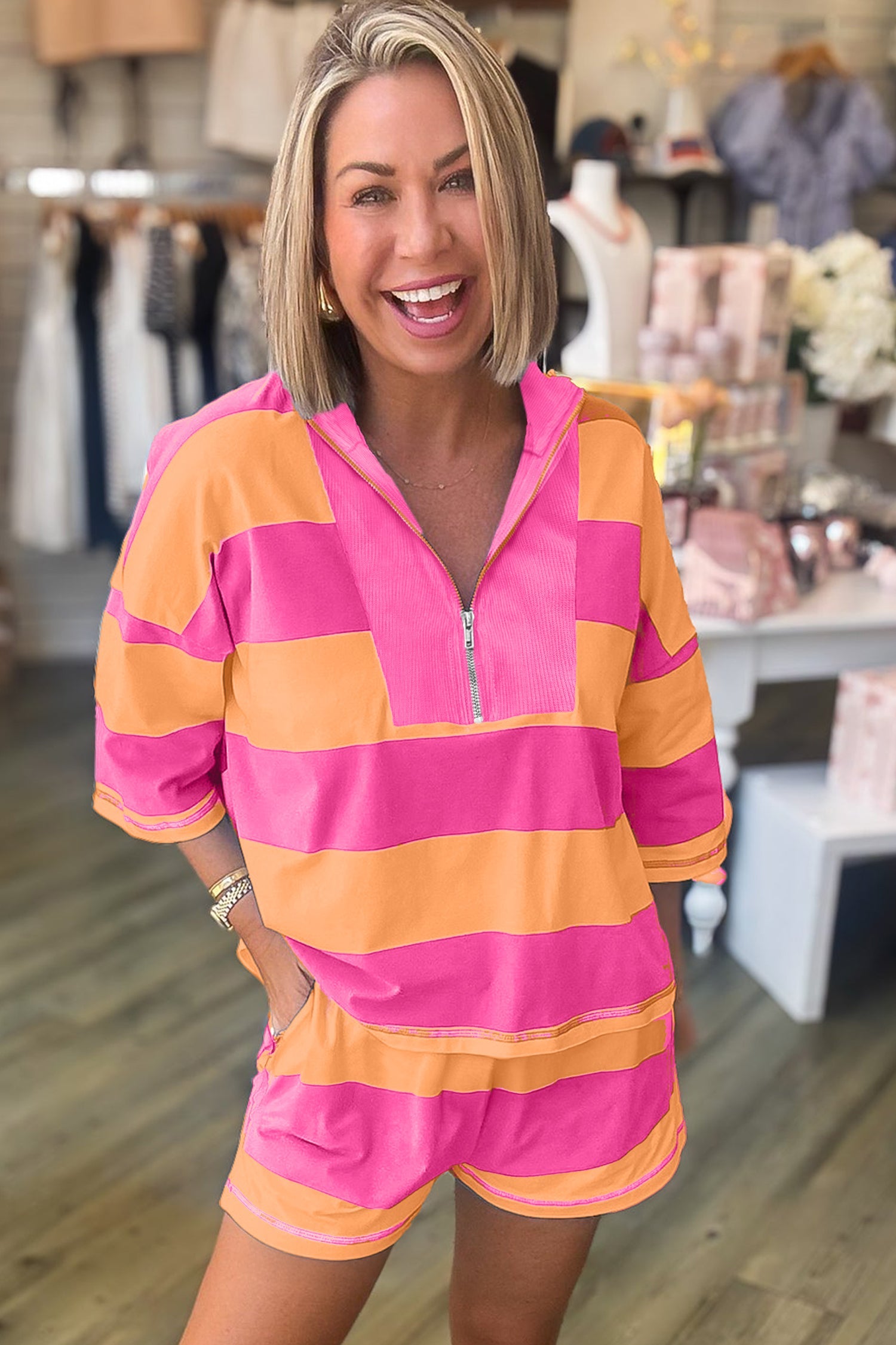 Stripe Half Zip Tee & Elastic Shorts Set
