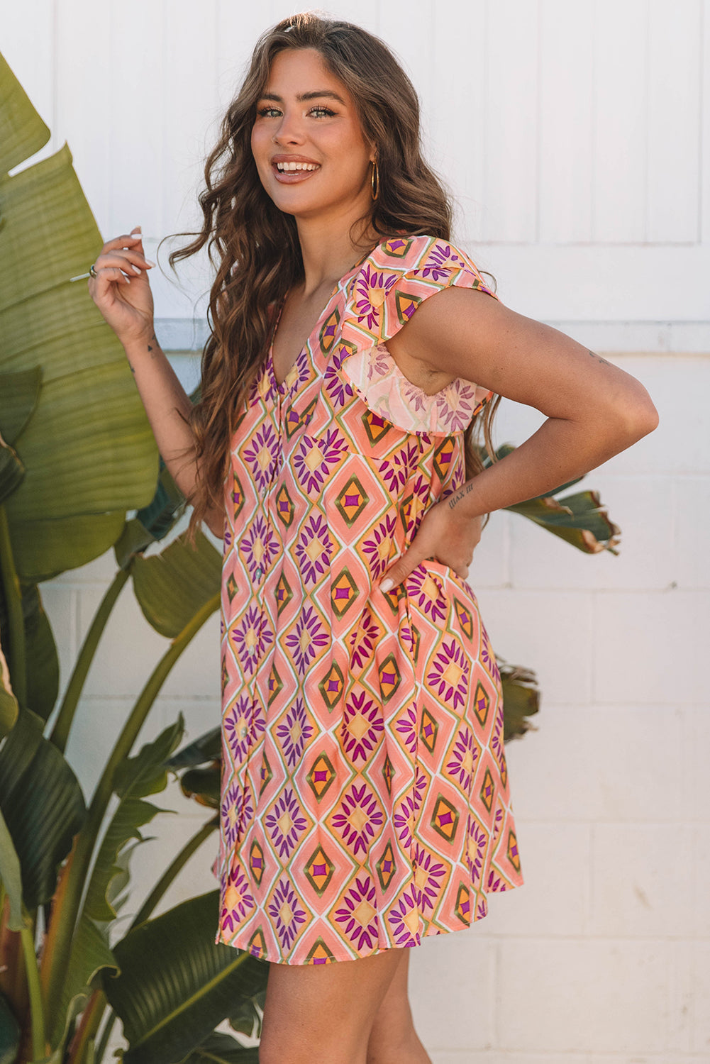 Geometric Floral V-Neck Button-Front Mini Dress