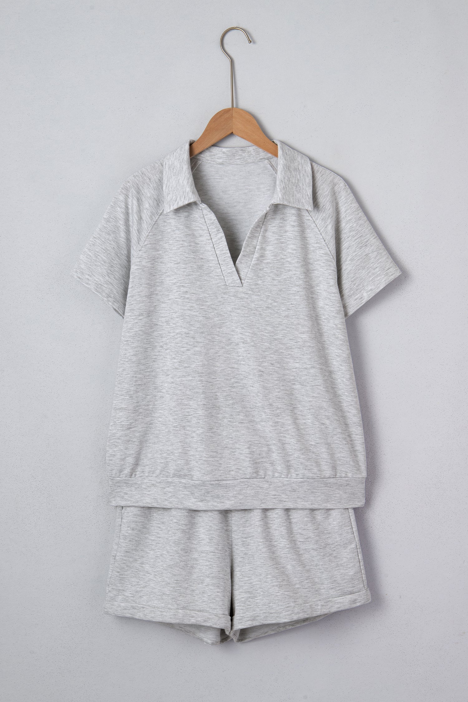 Solid Collared V-Neck Tee & Drawstring Shorts Set