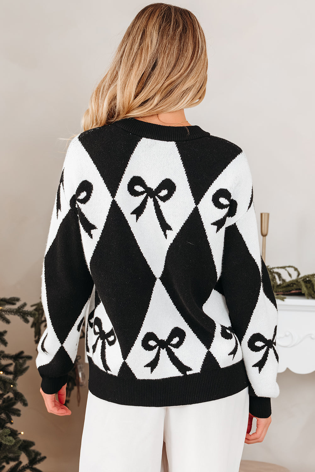Bow Colorblock Rhombus Drop Shoulder Sweater