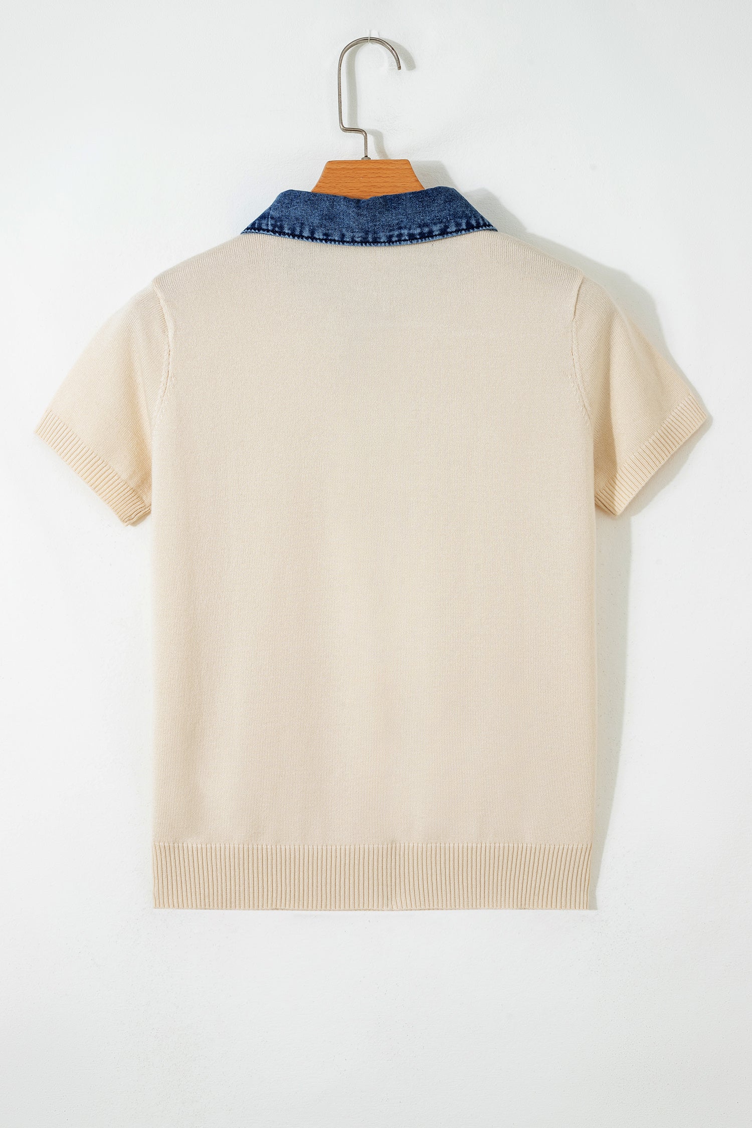 Denim Patchwork Polo Collar Short Sleeve Sweater
