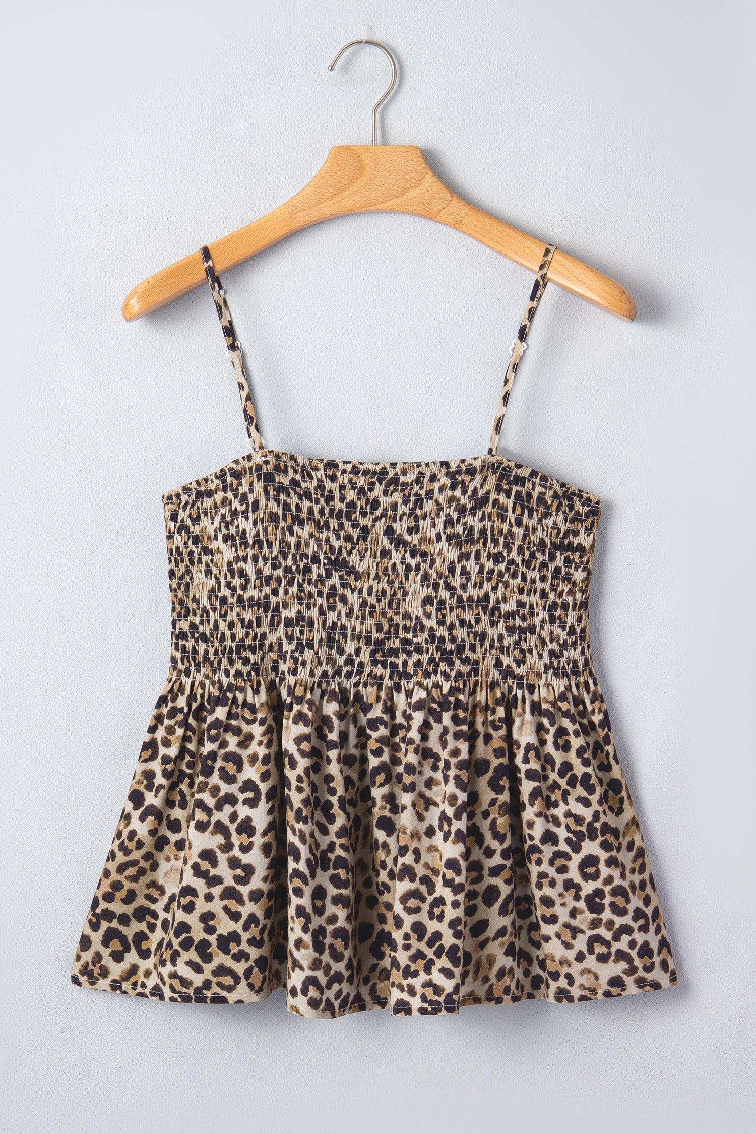 Leopard Shirred Ruffle Spaghetti Strap Tank Top