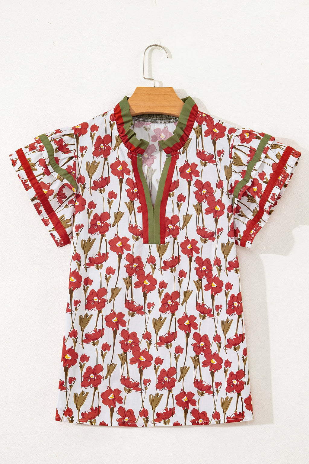 Floral Contrast Trim V-Neck Ruffle Short Sleeve Blouse