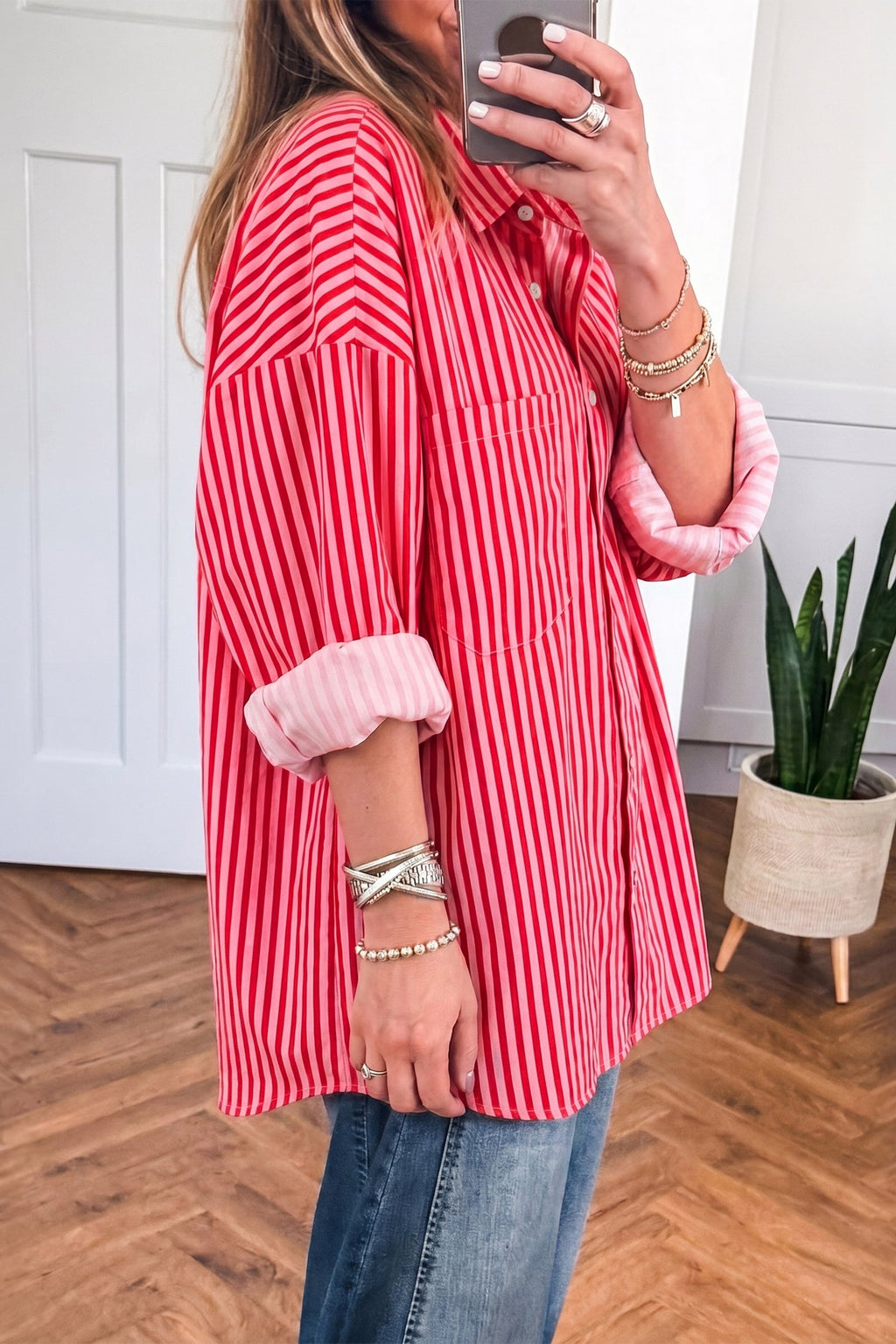 Stripe Patch Pocket Button-Up Long Sleeve Blouse
