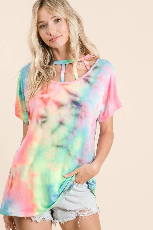 LMT1693-A-Get Back Criss Cross Tie Dye Top: NEON CORAL / L