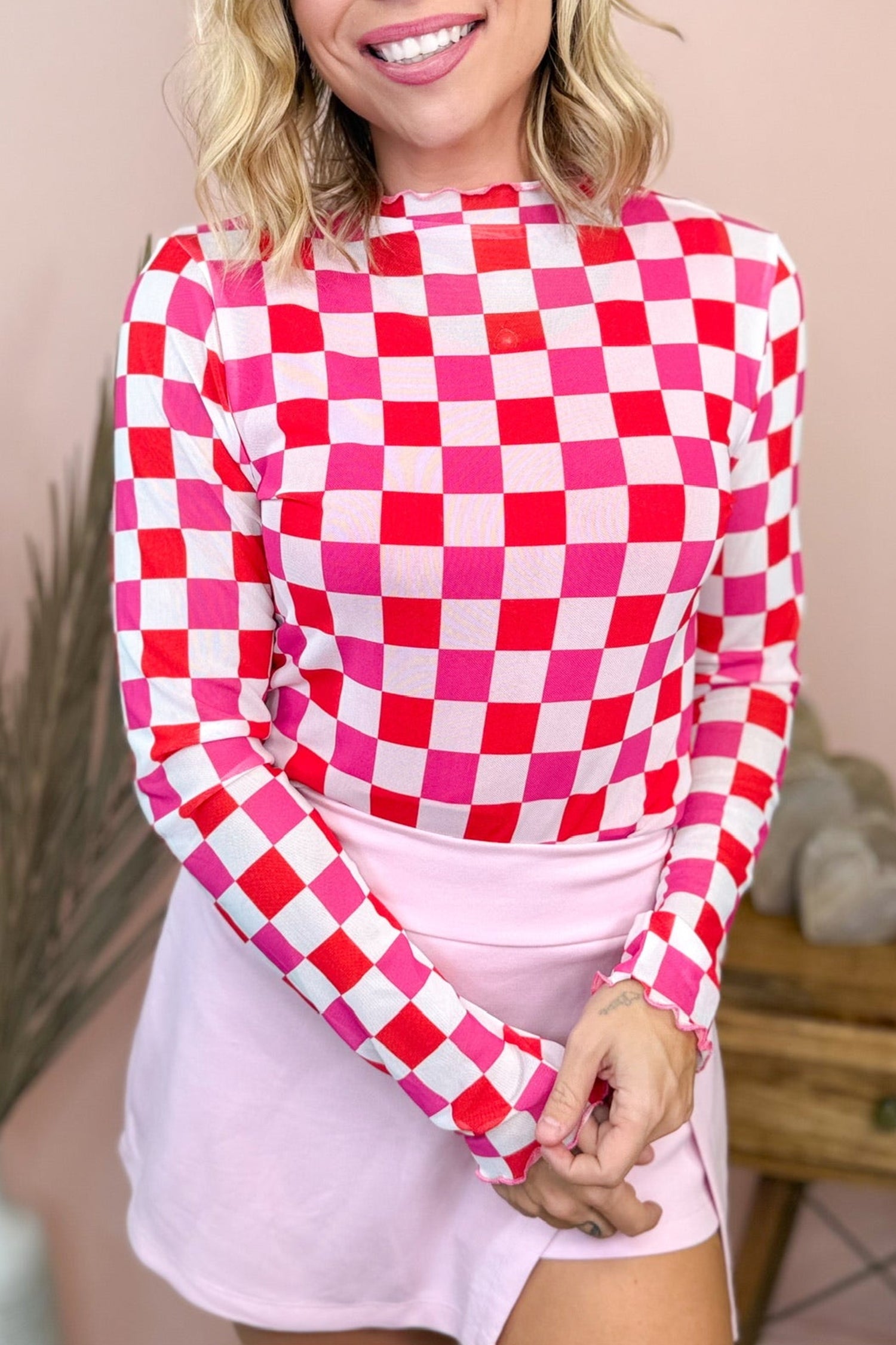 Checker Sheer Mesh Long Sleeve Blouse