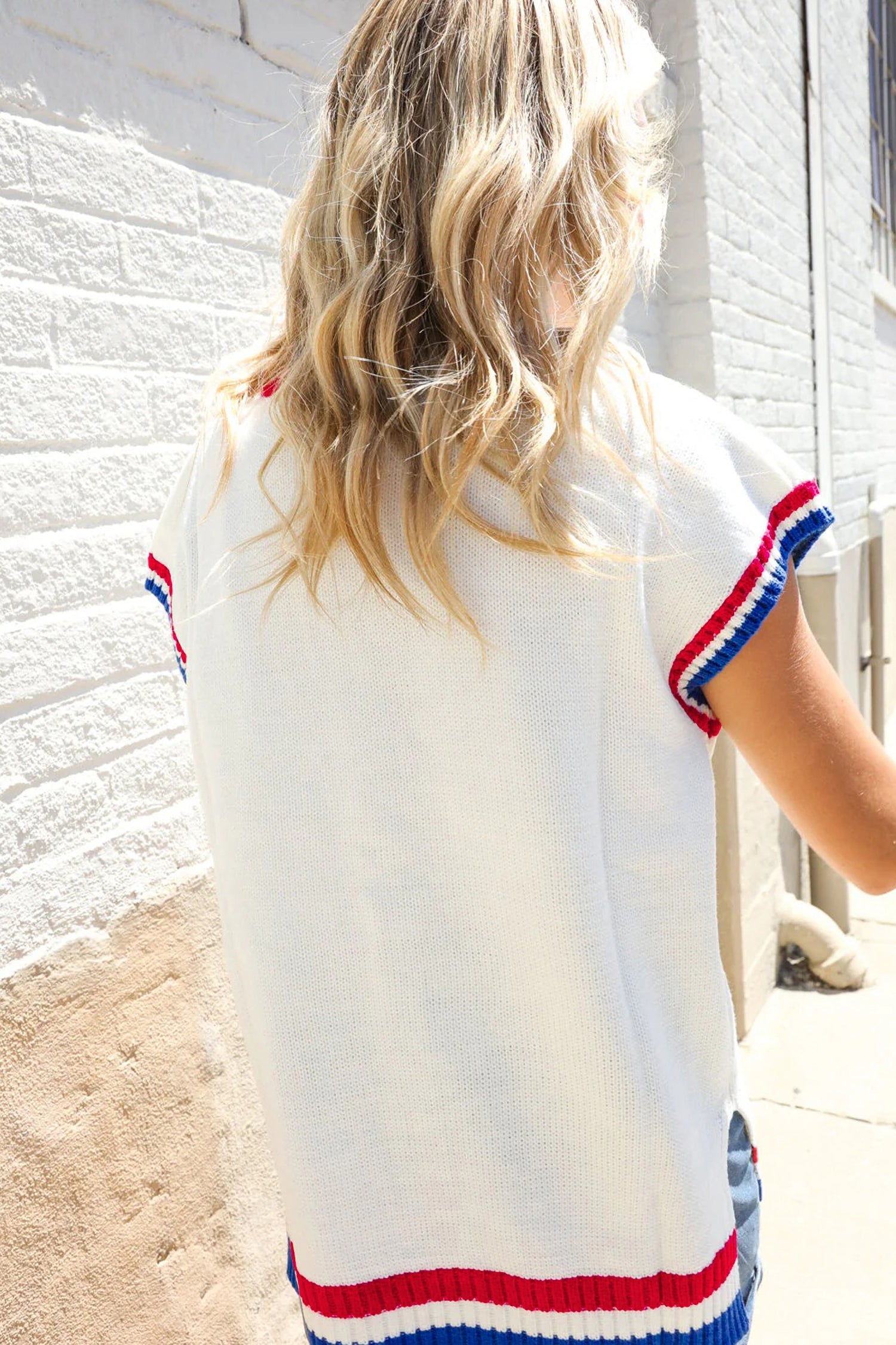 USA Stripe Contrast Trim Short Sleeve Sweater
