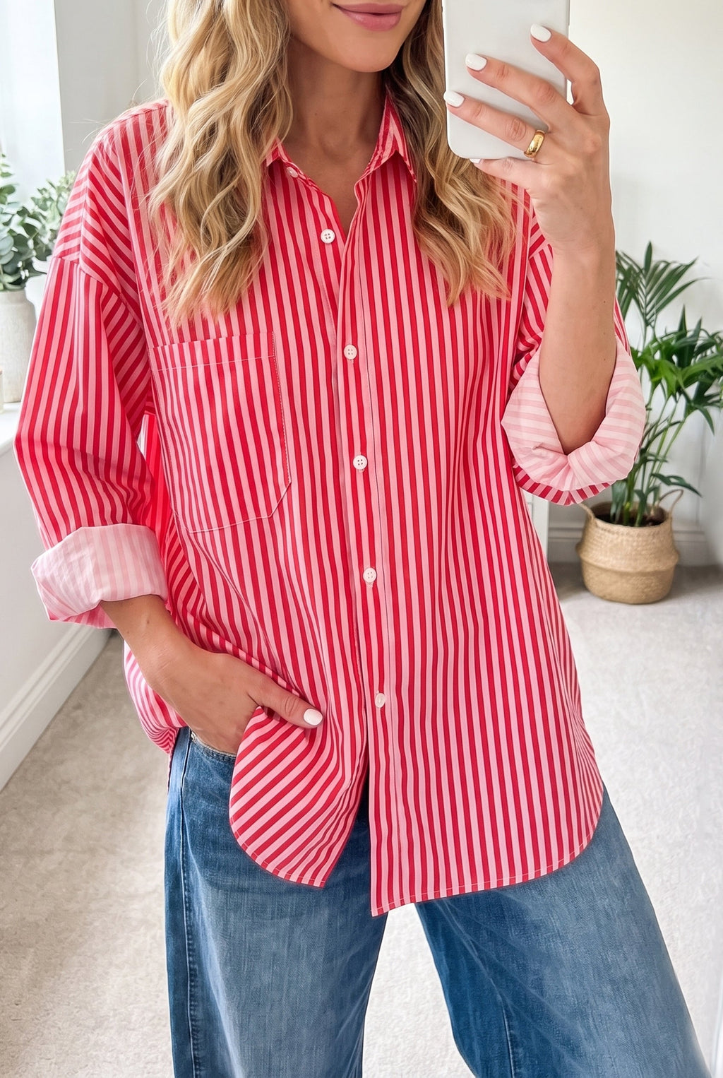 Stripe Patch Pocket Button-Up Long Sleeve Blouse