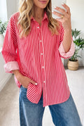 Stripe Patch Pocket Button-Up Long Sleeve Blouse