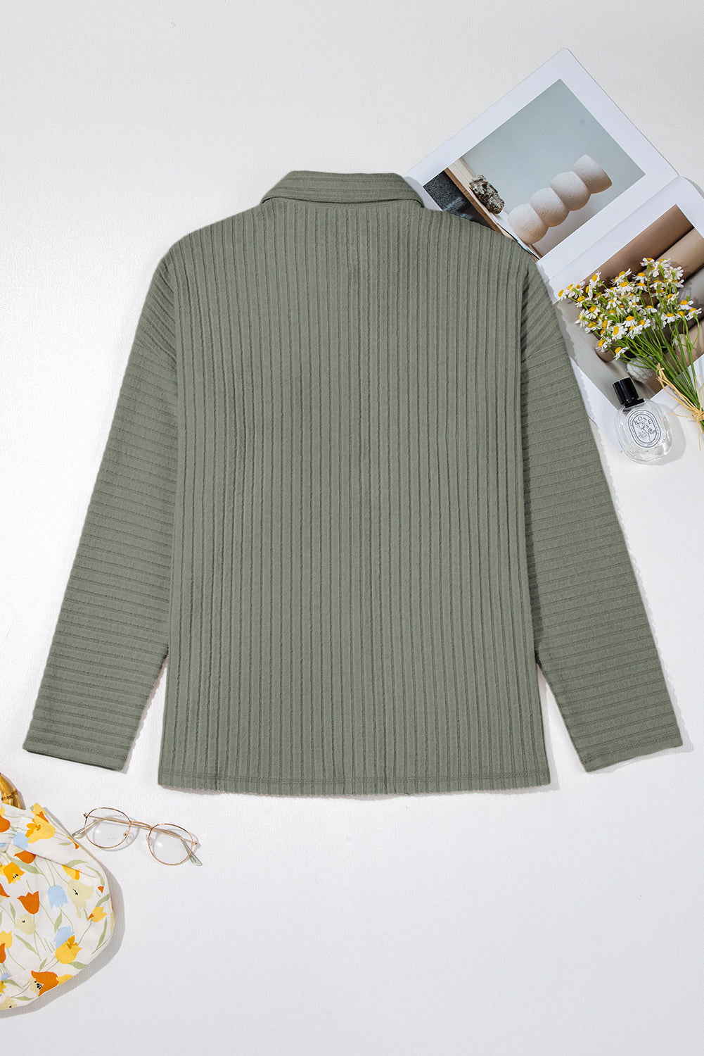 Thermal Ribbed Button-Up Drop Shoulder Textured Shacket