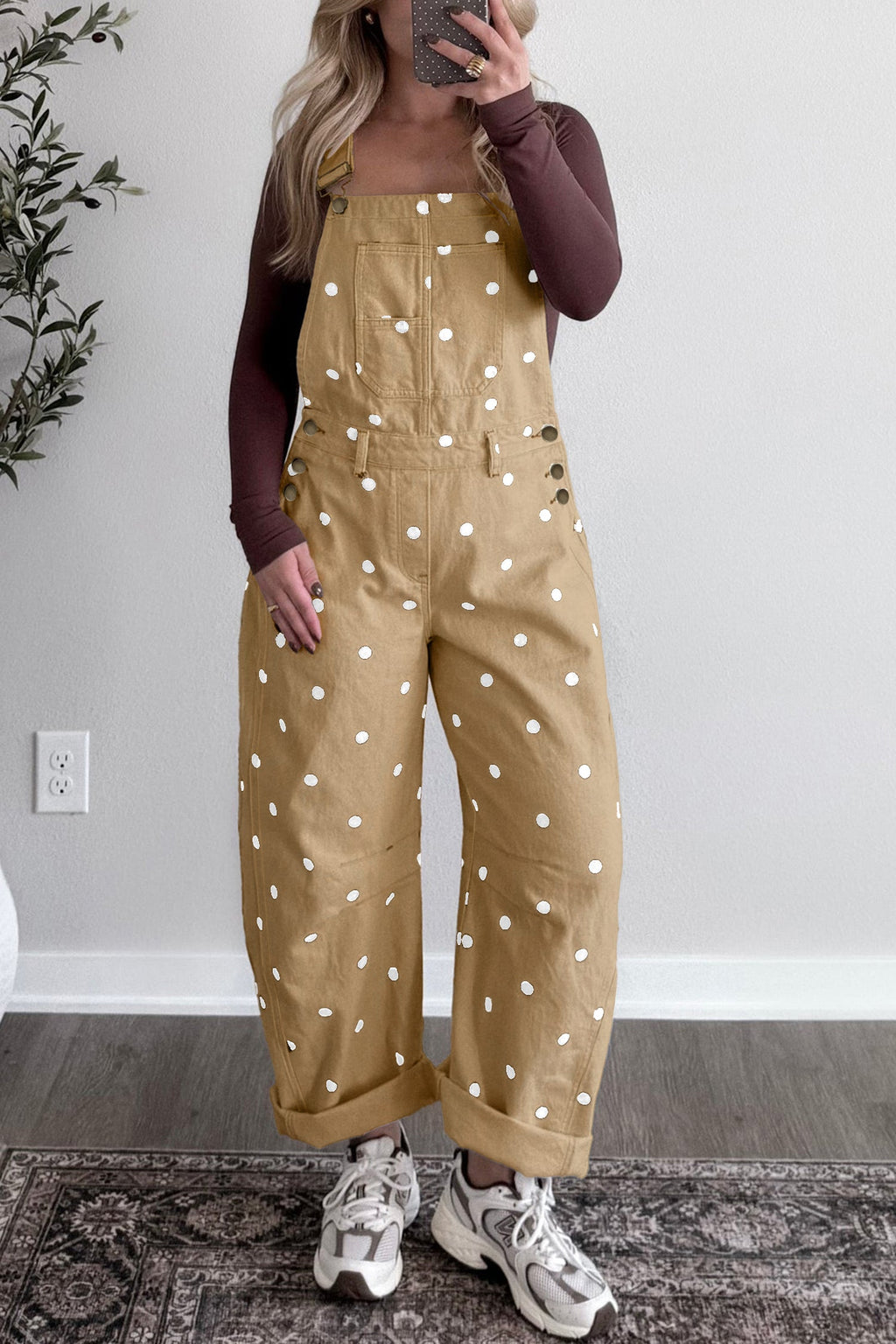 Polka Dot Denim Barrel Leg Overalls Jumpsuit