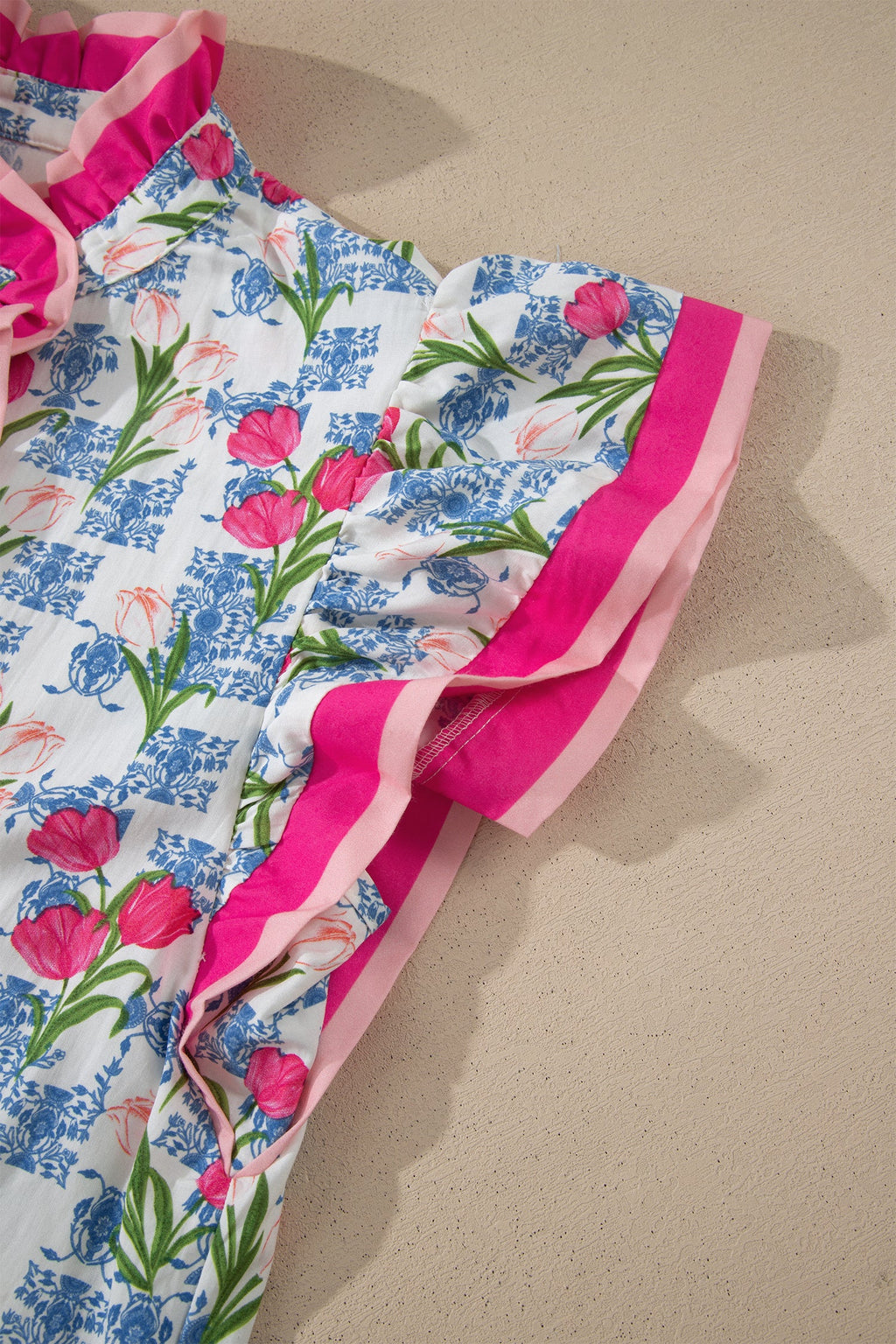 Floral Colorblock Flutter Sleeve Half Button Blouse