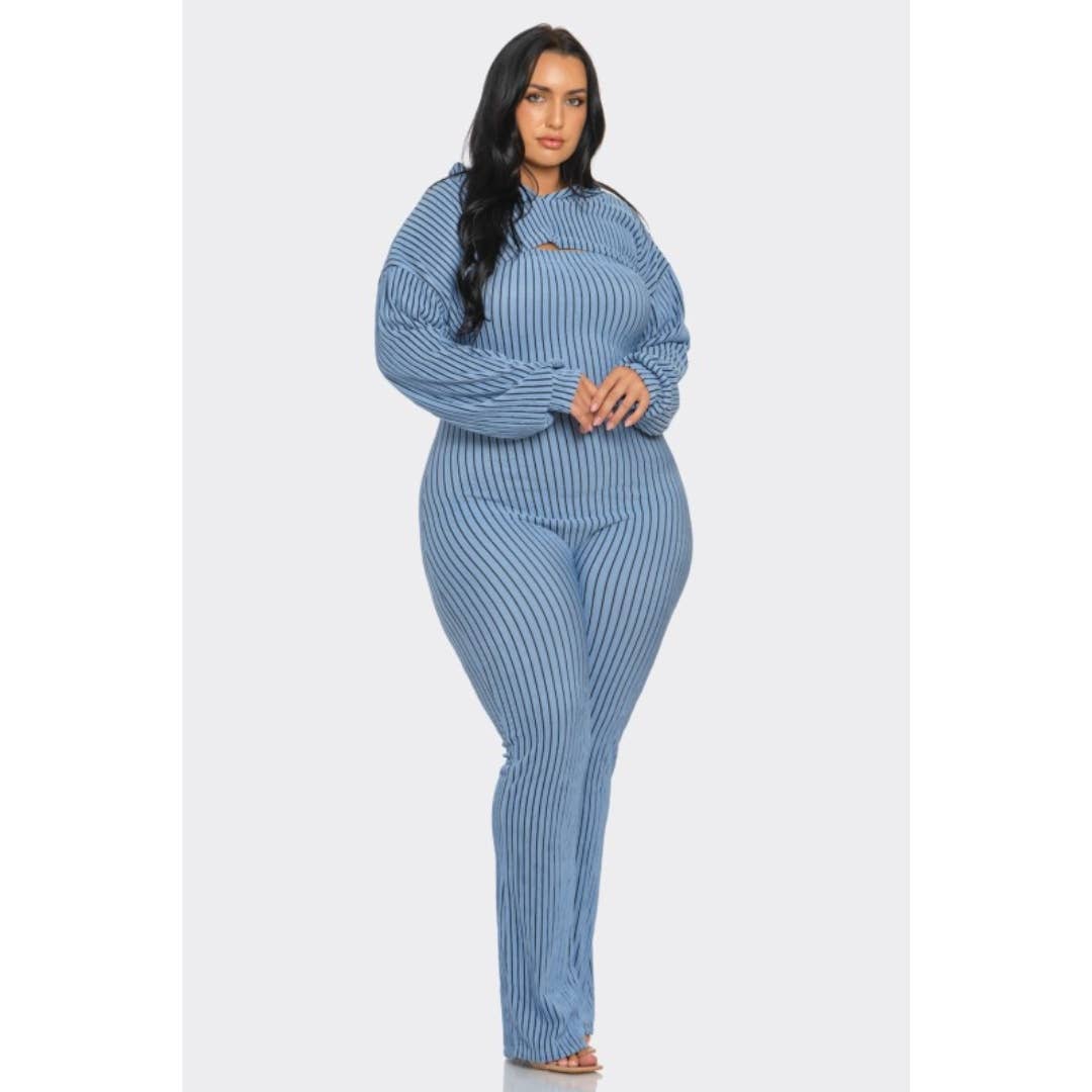 Plus Size 2 piece Strapless Jumpsuit Hoodie: Blue / 2X