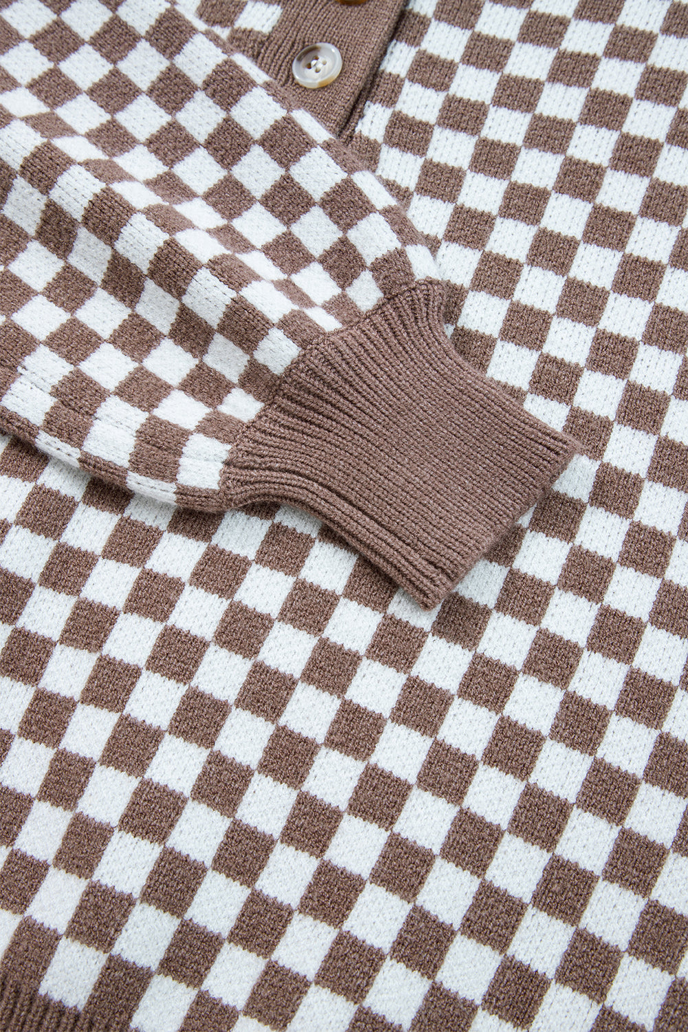 Checker Ribbed Trim Half-Button Sweater