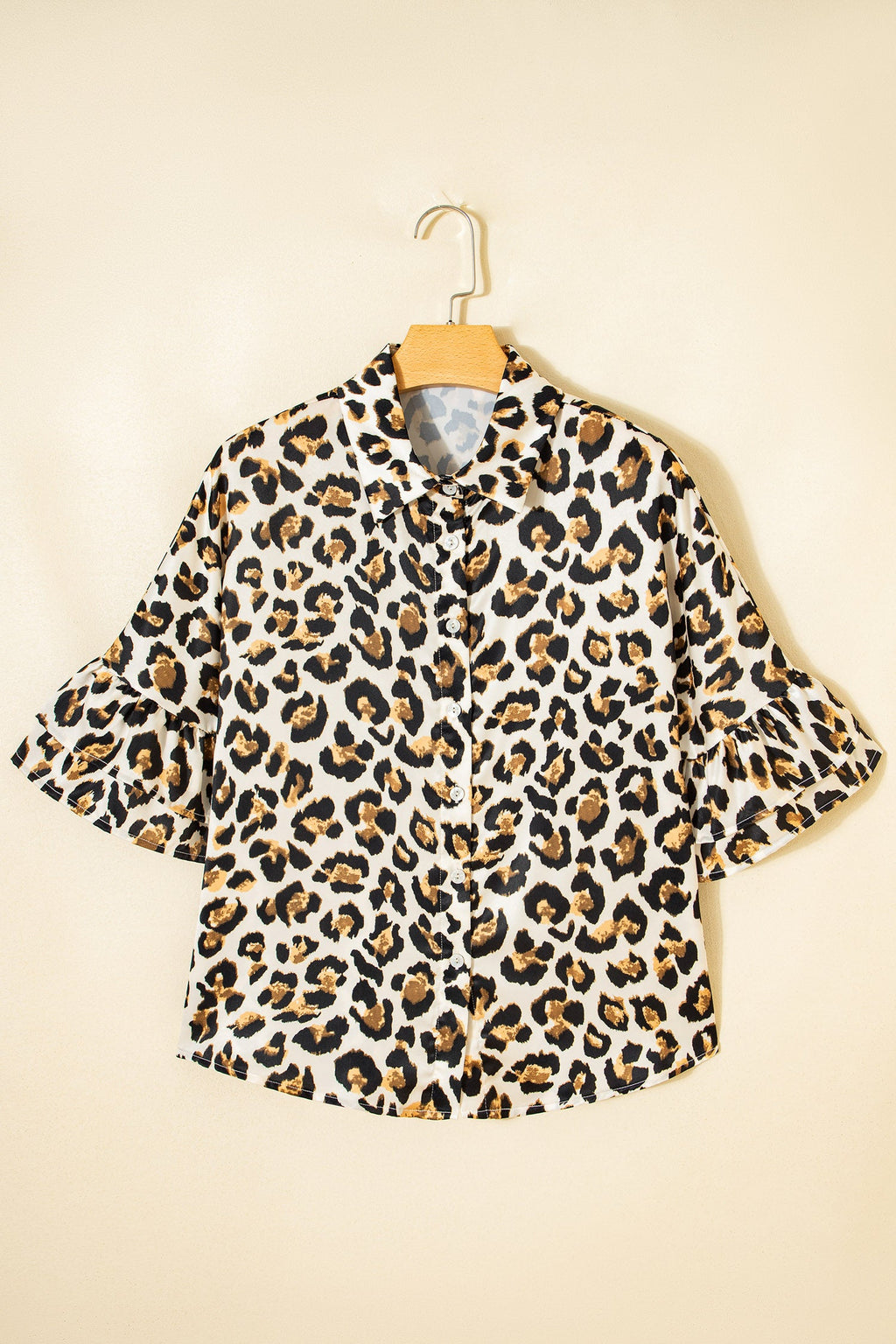Leopard Ruffle Trim 3/4 Sleeve Buttoned Shirt