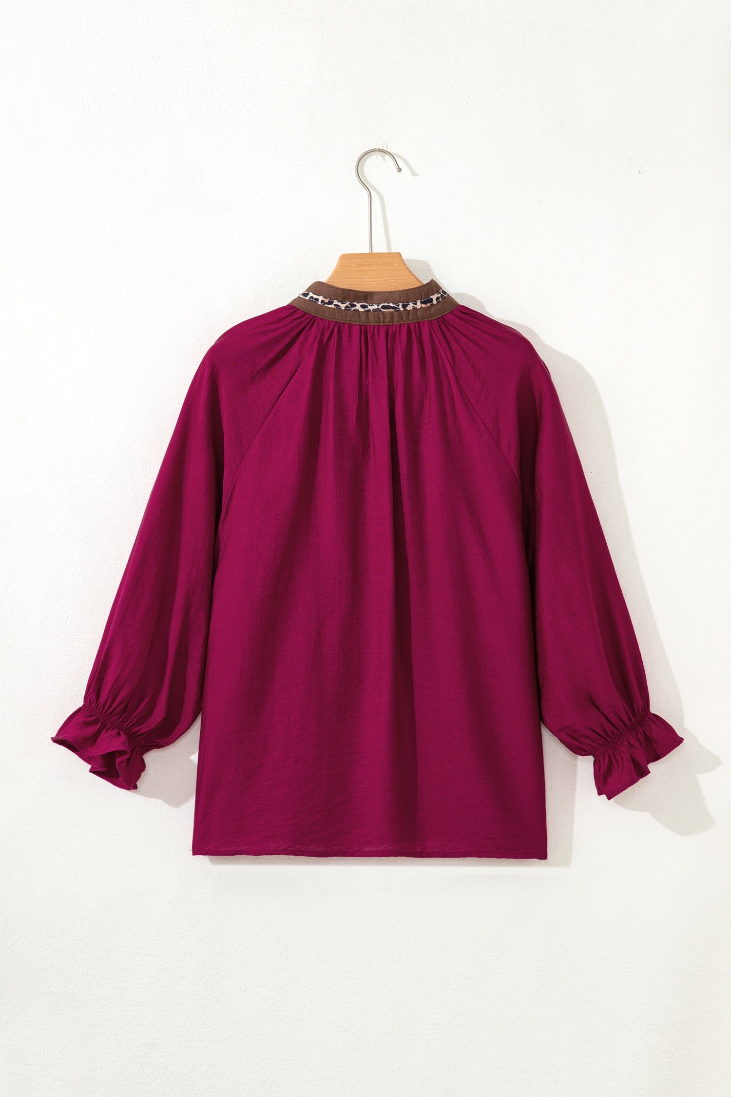 Leopard Trim Flounced  3/4 Sleeve V-Neck Blouse