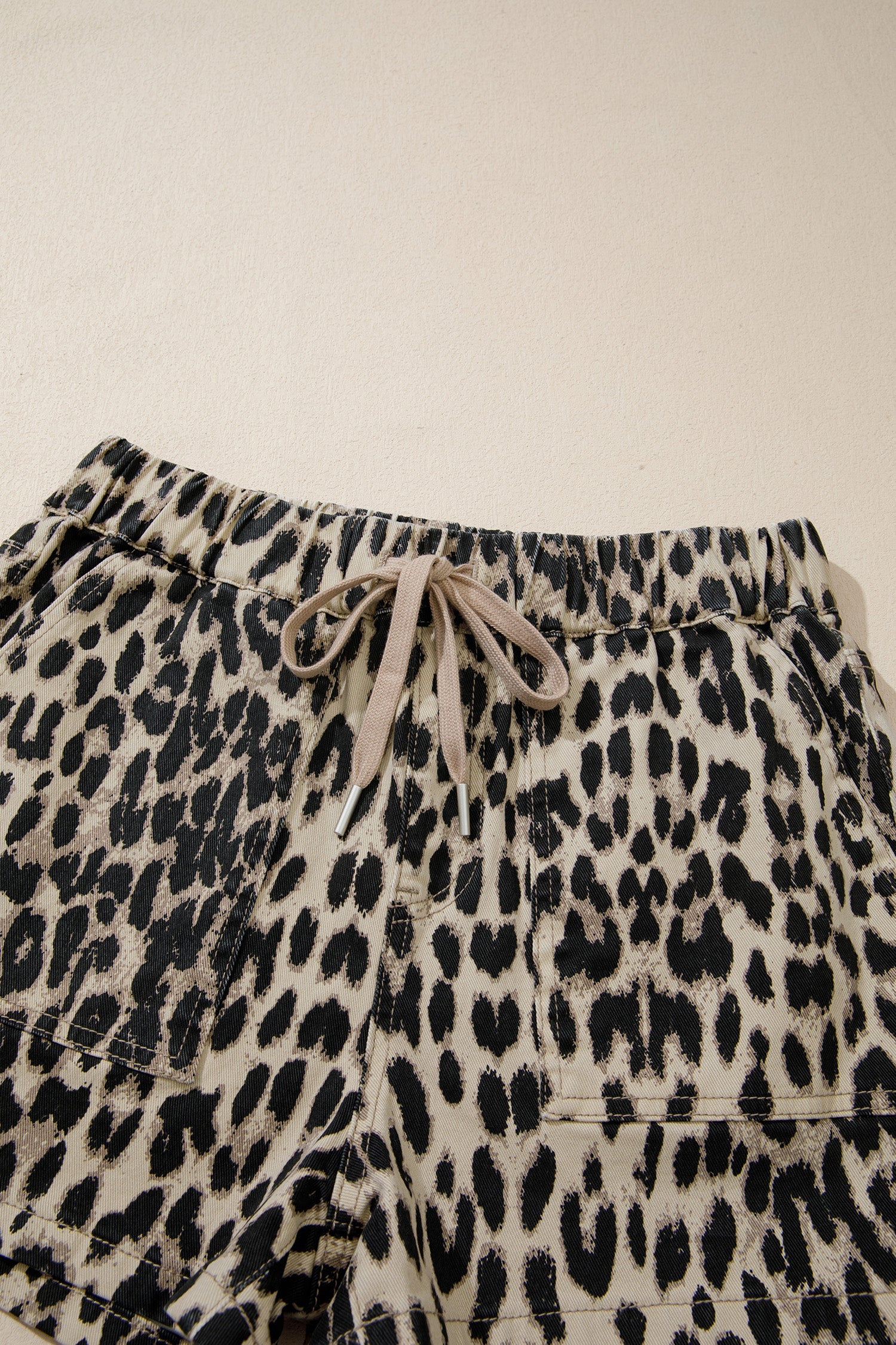 Leopard Denim Drawstring Elastic Waist Shorts