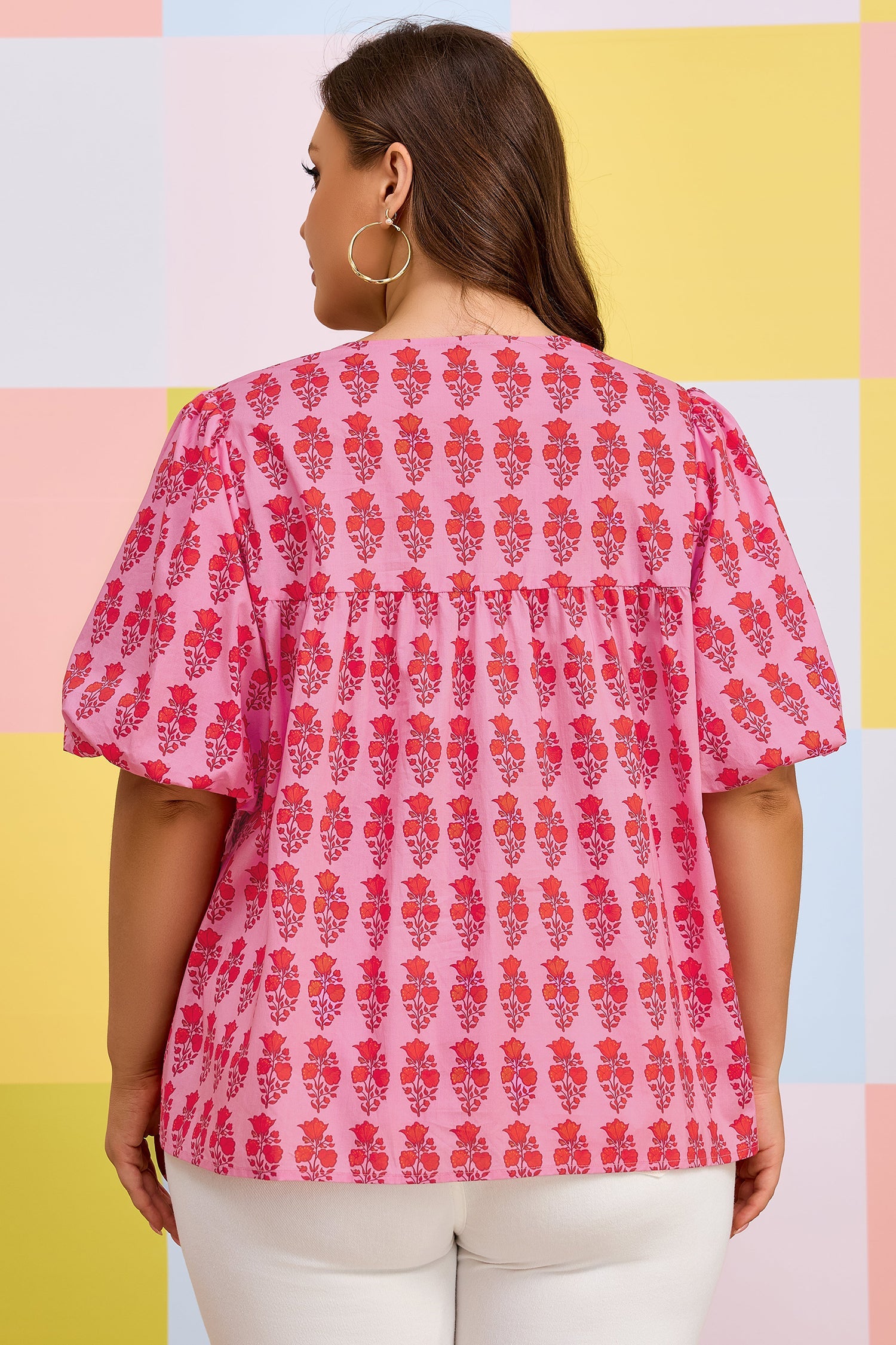 Plus Size Floral Tassel Tie Puff Sleeve Blouse