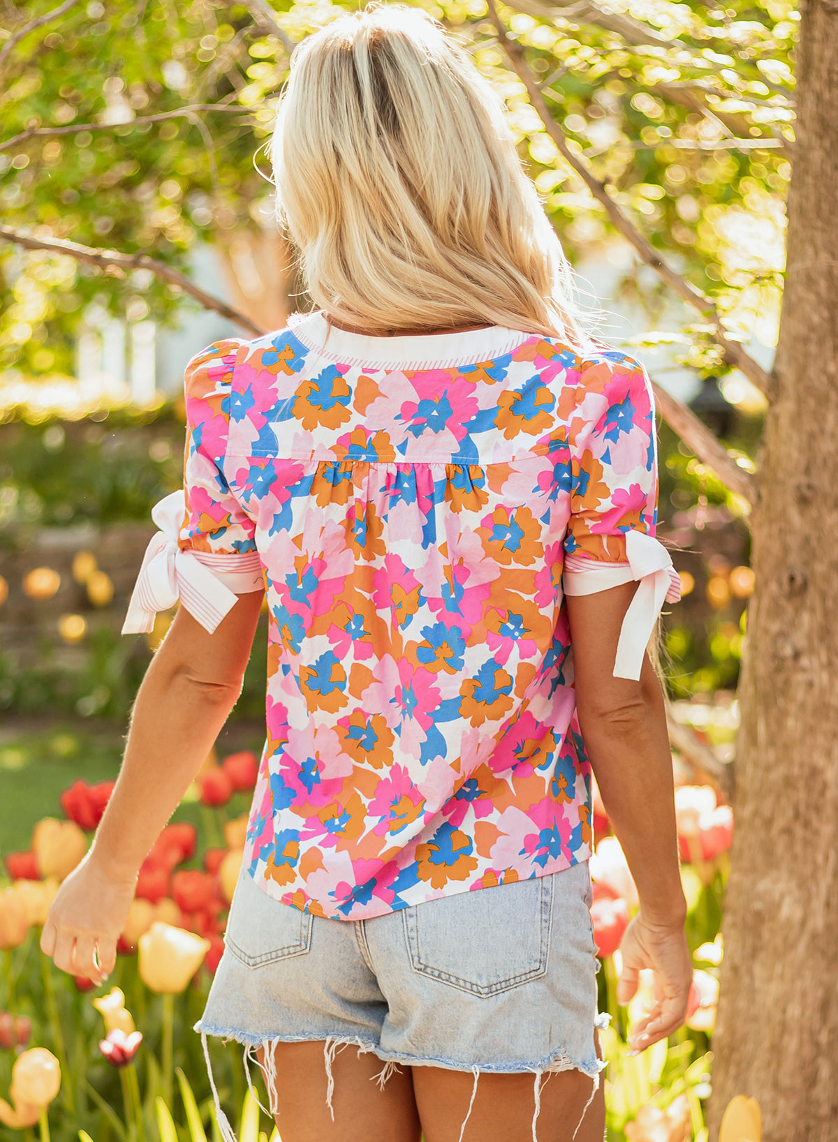 Floral Colorblock Stripe V-Neck Short Sleeve Blouse