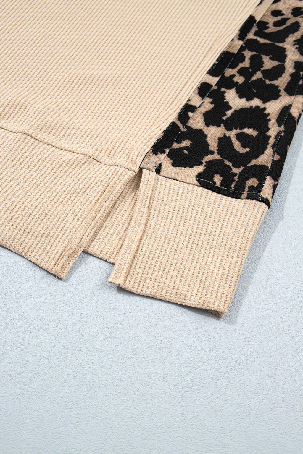 Leopard Ribbed Trim Waffle Knit Split Hem Sweater