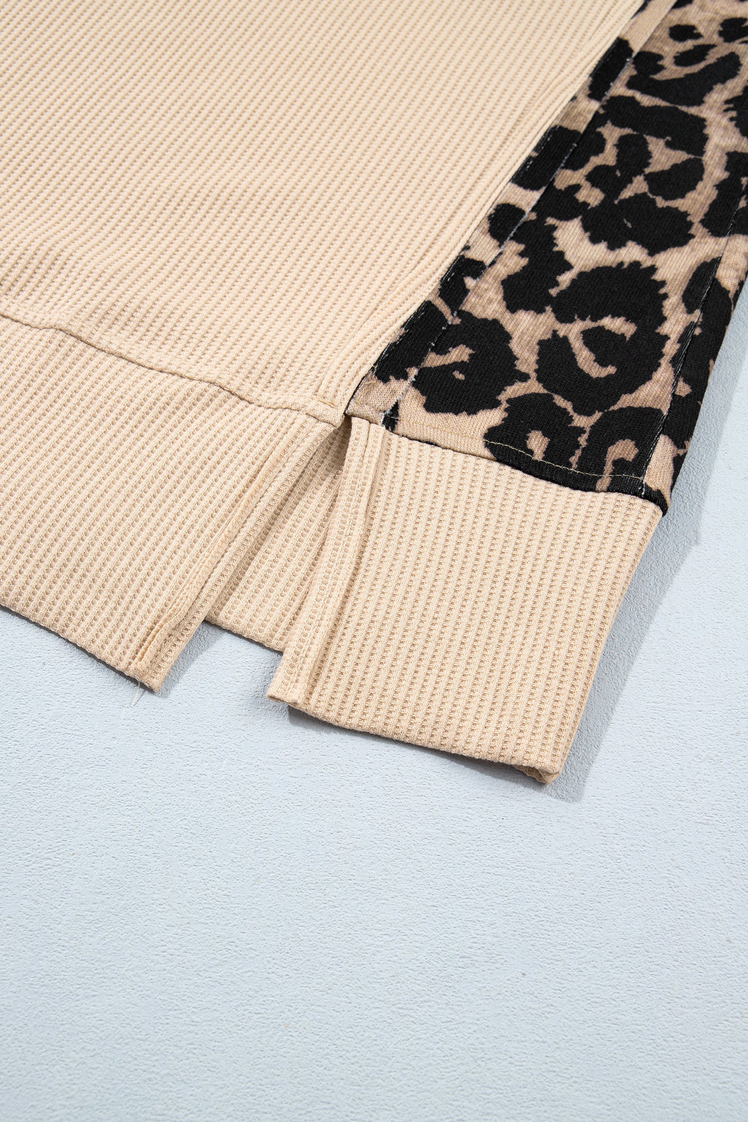 Leopard Ribbed Trim Waffle Knit Split Hem Sweater