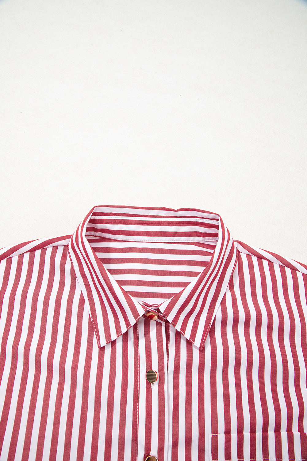 Stripe Patch Pocket Side Slit Buttoned Shirt