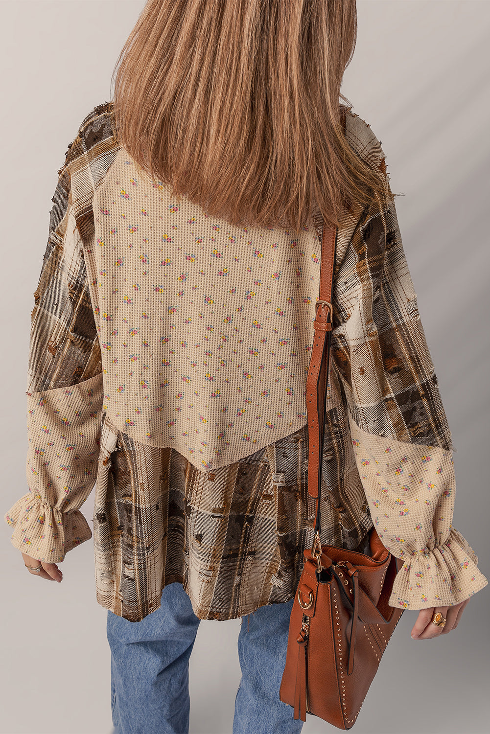 Floral Plaid Patchwork Ruffle Waffle Knit Shacket