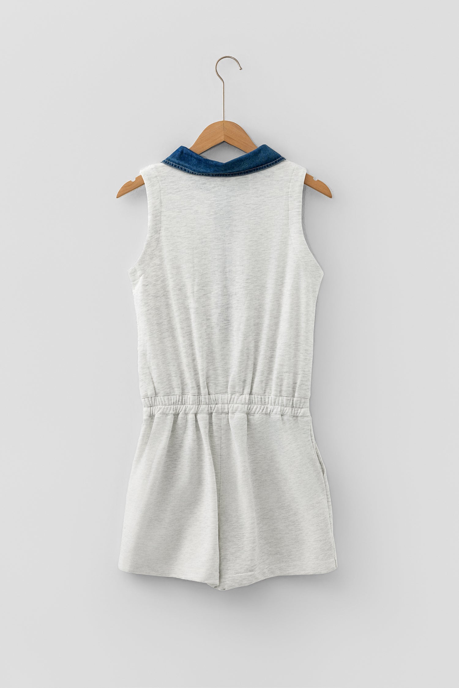 Denim Patchwork Polo Collar Sleeveless Romper