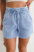 Mineral Wash Drawstring Elastic Waist Raw Edge Shorts