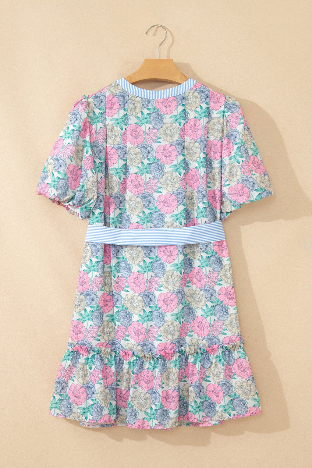 Floral Stripe Contrast Trim Belted Ruffle Dress