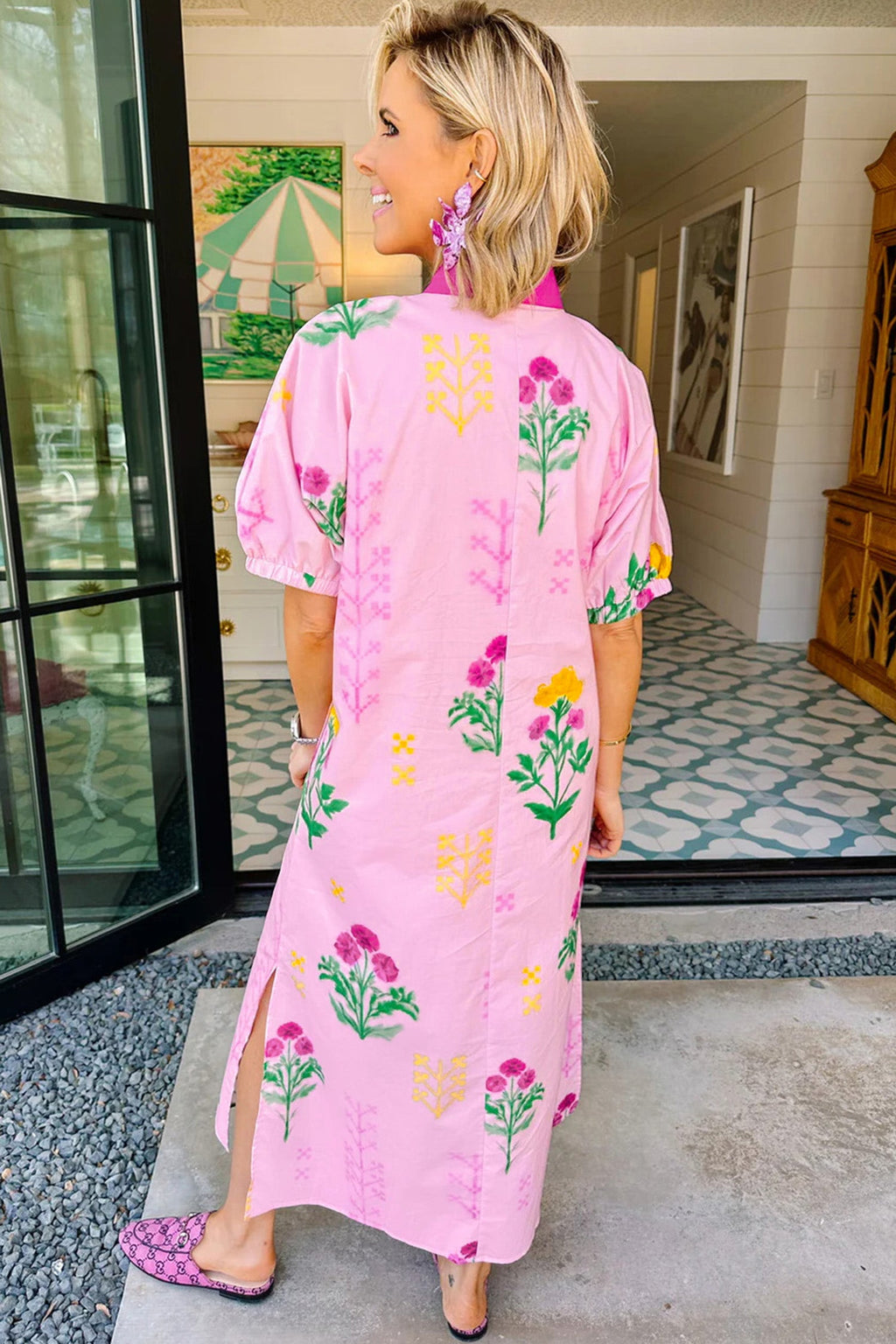 Floral Colorblock Trim V-Neck Midi Dress