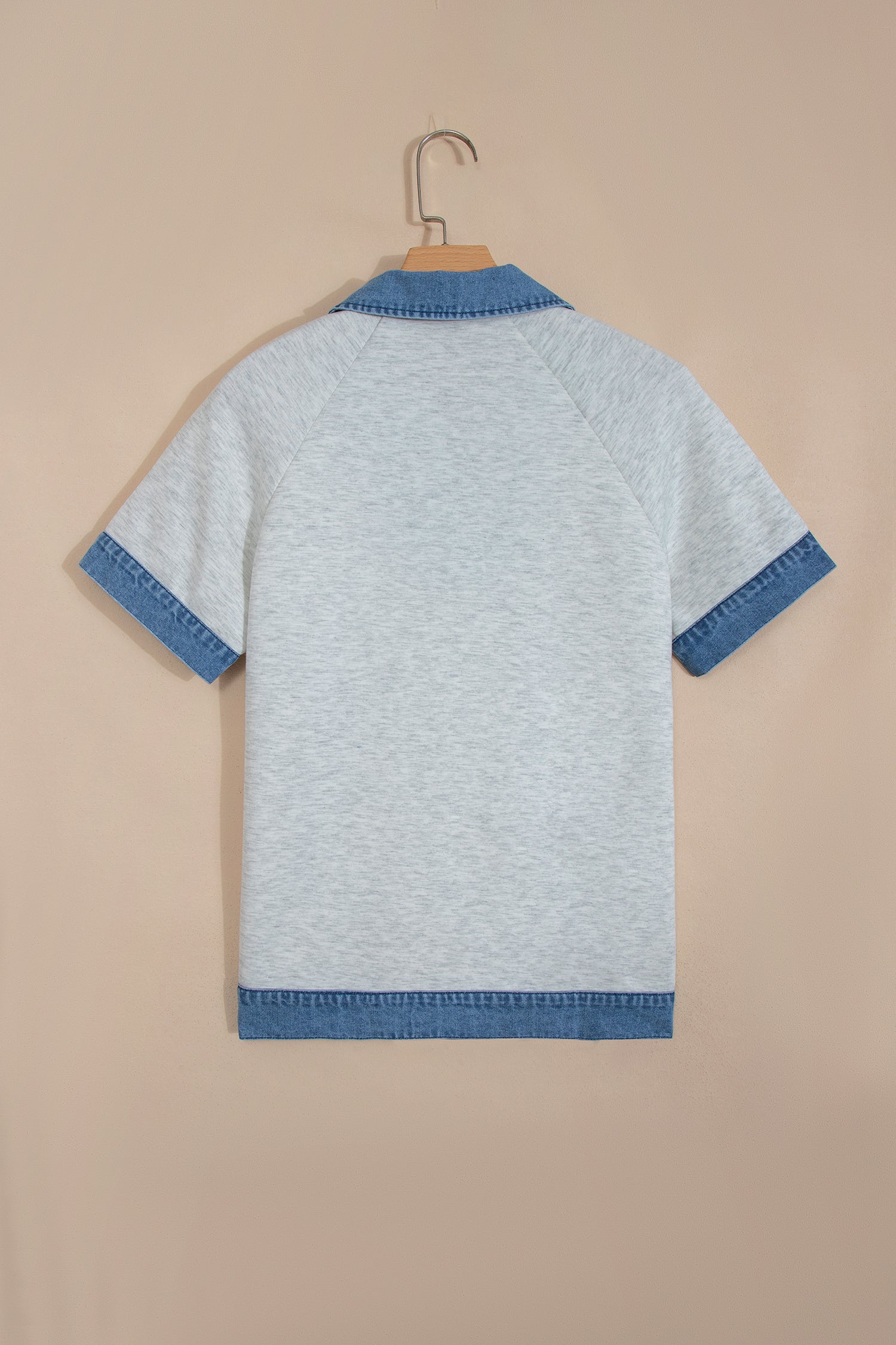 Denim Contrast Collar Cuffed Short Sleeve Top