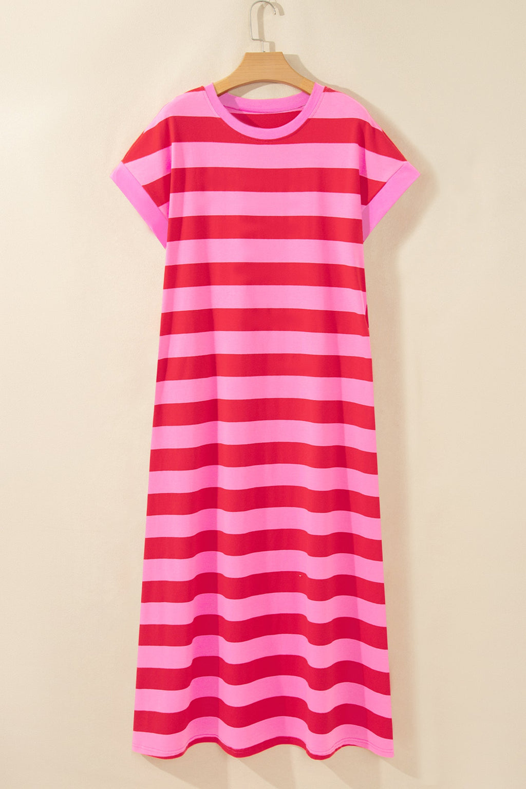 Stripe Cuffed Short Sleeve T-Shirt Long Dress w/ Pockets