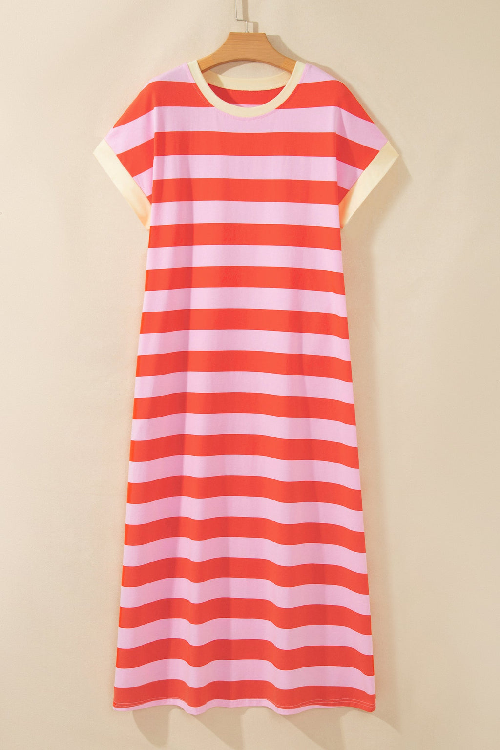 Stripe Cuffed Short Sleeve T-Shirt Long Dress w/ Pockets