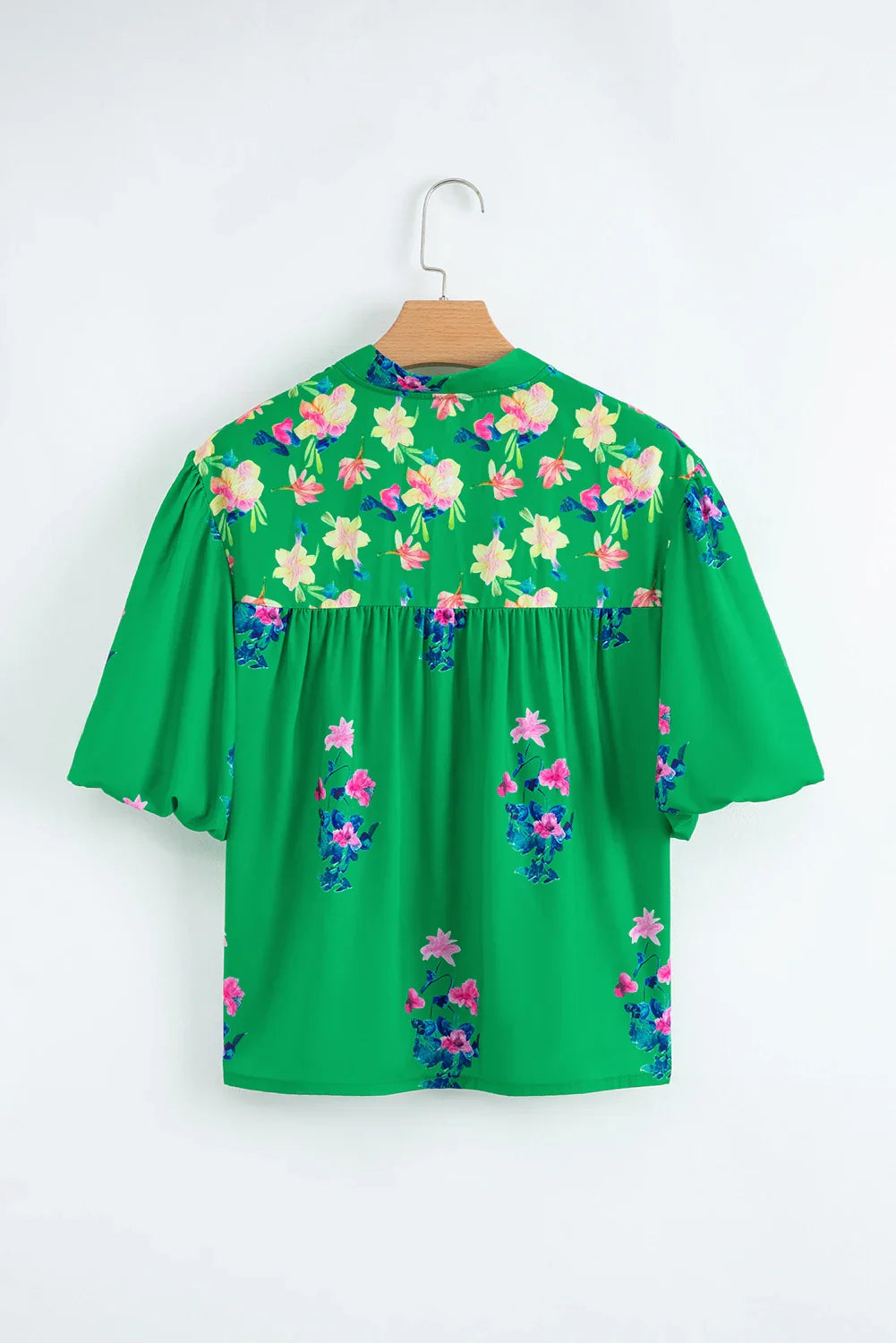 Floral Tassel Tie Split Neck Short Sleeve Blouse