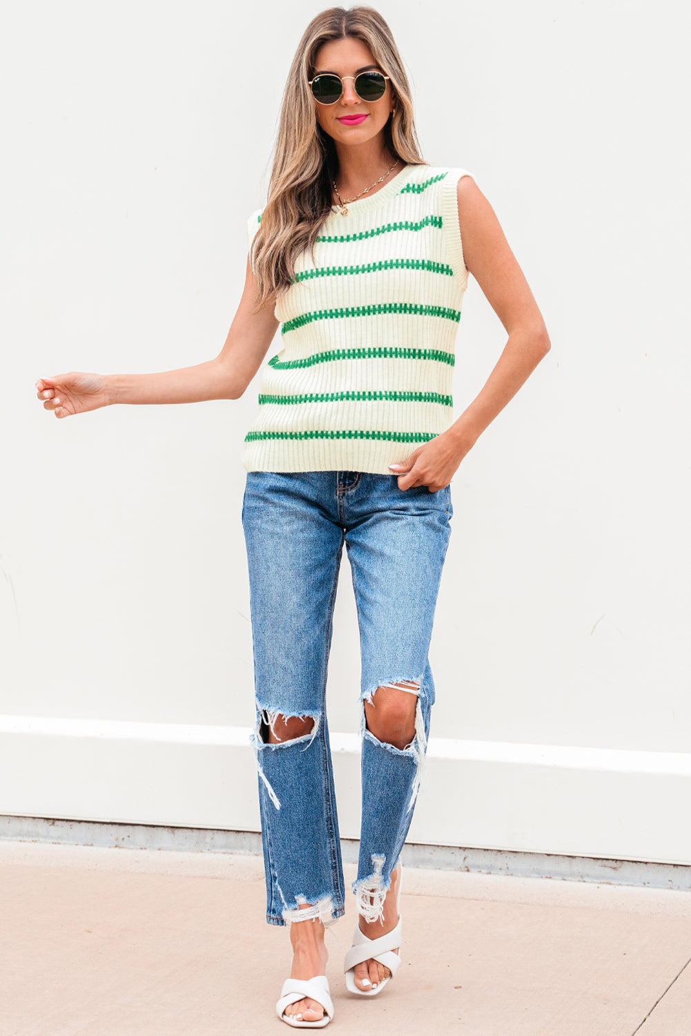 Stripe Round Neck Sleeveless Sweater Top