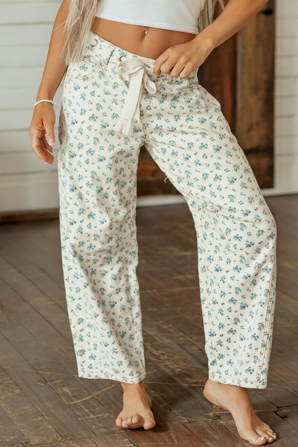Floral Grommet Knot Waist Barrel Leg Jeans