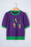 Mardi Gras Tinsel Embroidered Short Sleeve Sweater