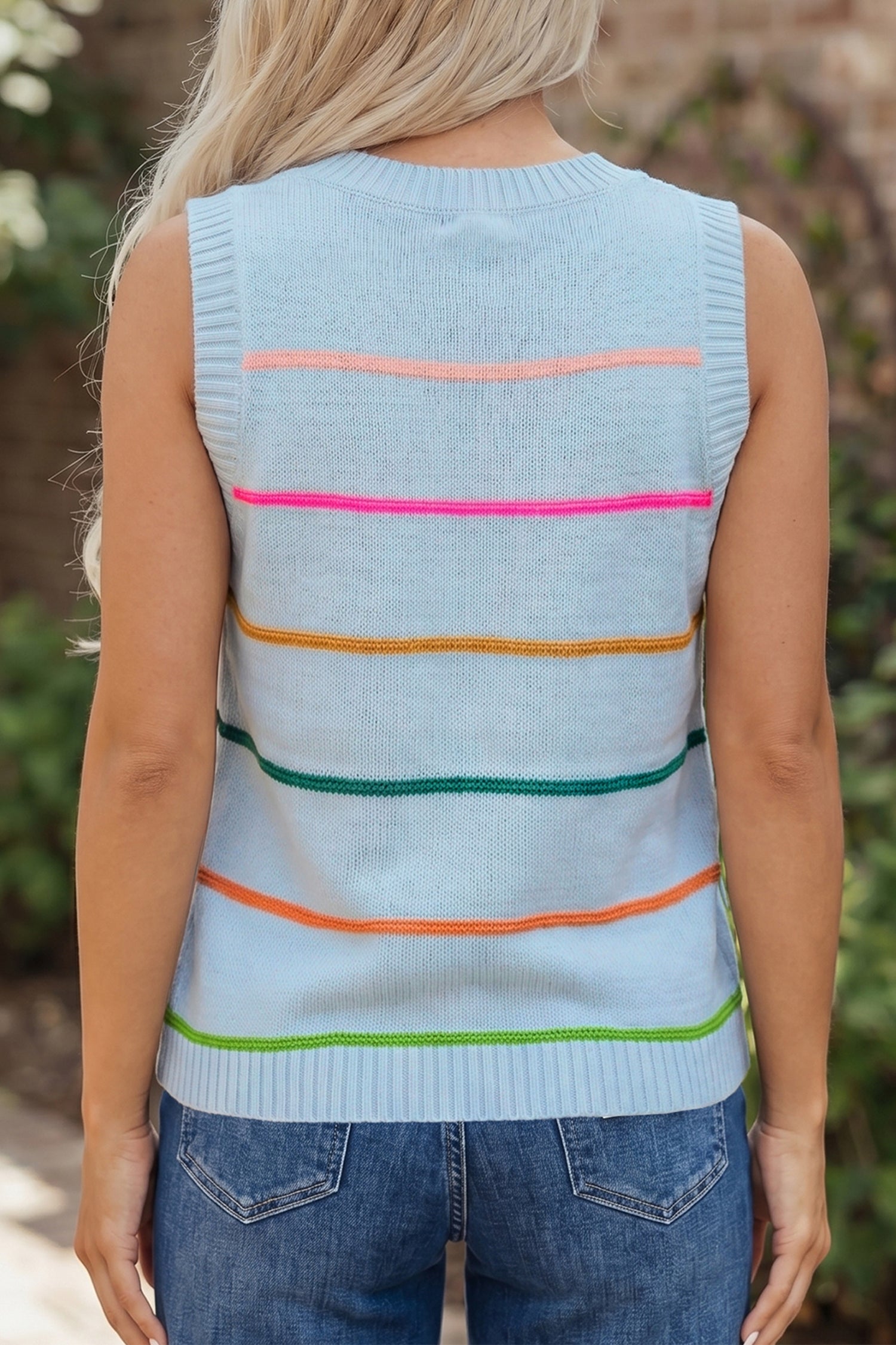 Stripe Ribbed Trim Sleeveless Sweater Knit Tank